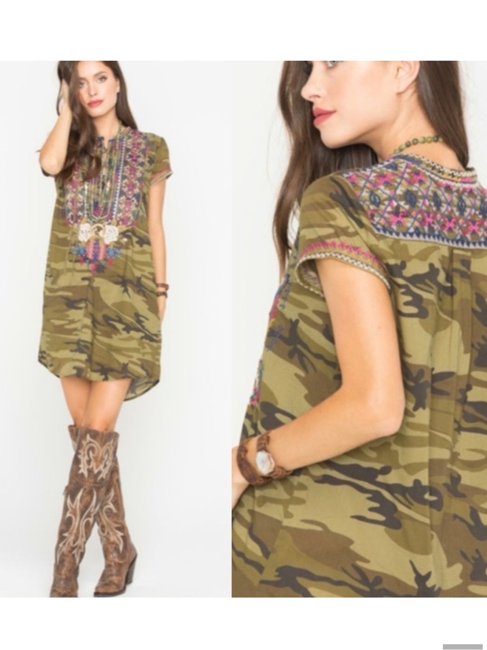 Johnny Was Ronnie Embroidered Camo Lace Up Tunic Dress M